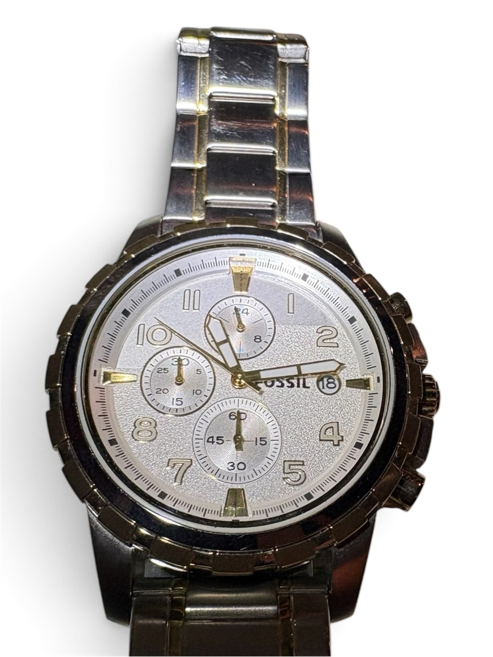 Fossil Men's Silver Dial Watch with Gold Accents